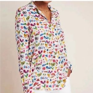 Anthropologie Carolyn Gavin Mariposa Butterflies Silk Top White Pink Size 10